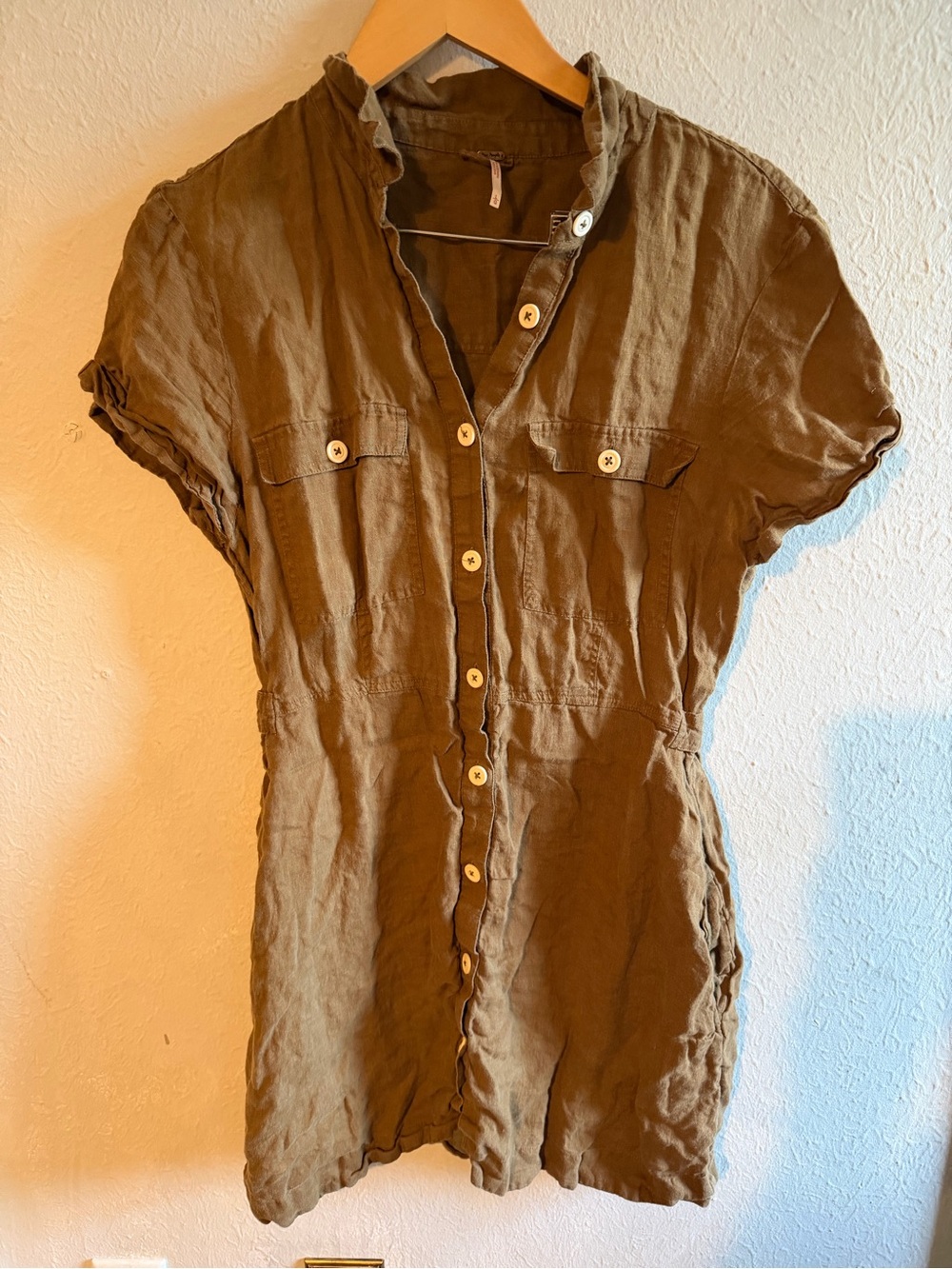 Free People Olive Green Short-Sleeve Button Romper